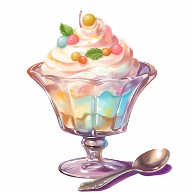 a drawing of a dessert featuring candy and whipped cream, in a glass sunday bowl, in the style of pastel toned, shiny/glossy, colorful fantasy realism, caffenol developing, warmcore, #screenshotsaturday, rubens, white background, isolated, free brushstrokes, watercolor illustration, clipart,