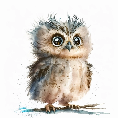 Watercolor Clipart Baby Owl with Feathers Ruffled (no text, no caption, white background)