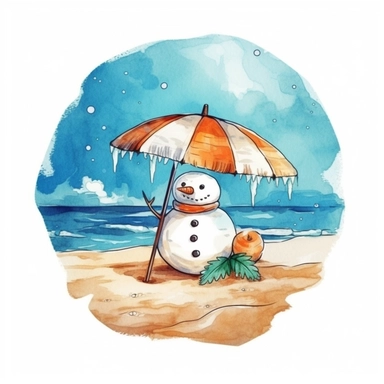 a cute snowman laying on the beach under an umberella, watercolor, clipart for a t-shirt, vector