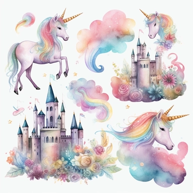 Super adorable cute magic rainbow unicorns, watercolor cliparts, light hue rainbow clouds, majestic castles, isolated with white back ground, single files, 8k, hd