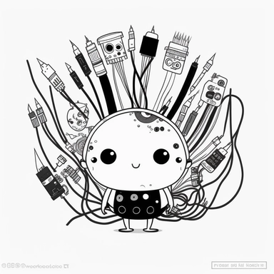 clipart of a cute pencil, full of circuits and cables and electronic components. Beautiful, flat, cute manga style, black and white, round image borders