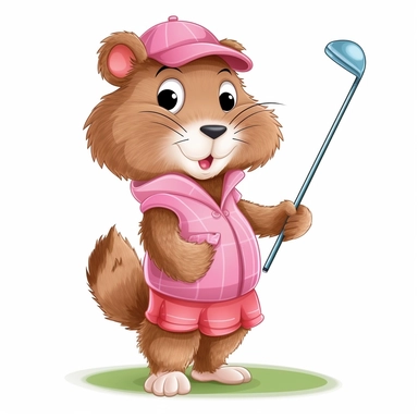 simple clear detail cute female groundhog wearing pink golfing clothes and holding a golf club cartoon clipart on a white background