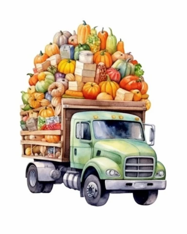 Watercolor clipart farn truck with loads of pumpkins, isolated on white background, hyper realistic, 4k