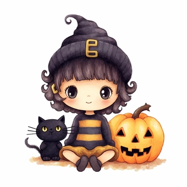 Hand drawn halloween clipart, cute witch and black cat, darla danilova, knitted painting texture, Perfect for nursery art and children's book illustration style ,cute character, single object, png, transparent background, so quite style, white background for removing background - - no text shadow font watermark