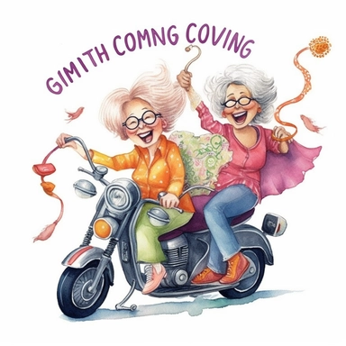 happy, funny, crazy old ladies with long gray hair clipart, line art style, driving on motorcycle to sewing store, loves fabric and threads, colorful outfits, vibrant colors, laughing load, looking happy with threads and scissors and thread spools in their hands,