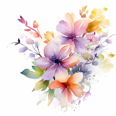 watercolor spring flower group for corner of invitation, clipart isolated on clear white background, soft colors, boho, lithograph, 32k uhd, textural