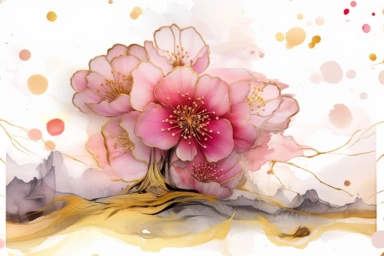 beautiful gorgeous alcohol ink of gold serene nature scene with a central focus on a pink flower. gentle wave , minimalist style, crystals, glam, glossy, glitter texture, liquid ink clipart, modern and stylish design, bright colors, 300 dpi, clear decoration, clear white background, highly detailed digital art, 8k