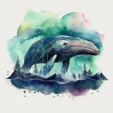 humpback whale in the northern lights landscape, watercolor clipart, 32k