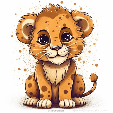 clipart of cute smiling baby African lion with big sparkly eyes in cartoon style with white background