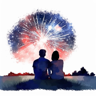 couple watching Fourth of July fireworks, sitting on blanket on grass, clipart, watercolor style, defined edges, black background