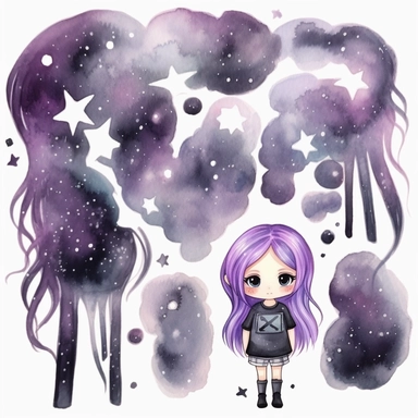 watercolor funny create kawaii marbled black ,silver, purple chibi school spirit clipart, isolated on white background,space out--ar3:2--s1000