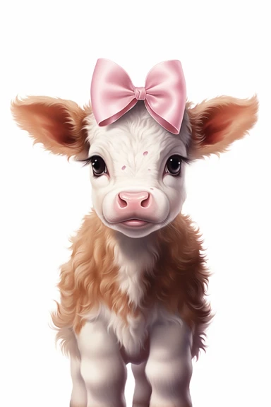 a baby cow with pink bow, clipart, white background