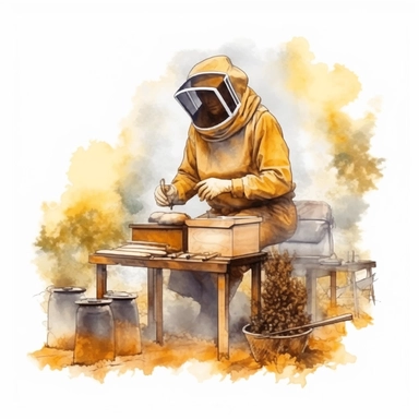 watercolor,An artistic representation of a beekeeper in full protective gear, using a smoker to calm the bees before inspecting the hive, with other beehives visible in the background. (Digital drawing clipart, image black border color, full body, flat texture, transparent background)