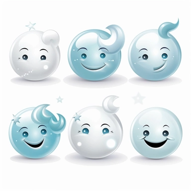 beautiful smiling moon symbols in white, pale blue and silver, white background, vector-style, clipart collection