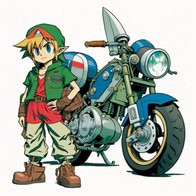 2D clipart of link standing near a 1990 honda street
