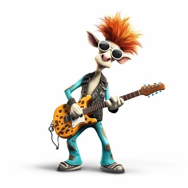 a giraffe as a punk rockstar playing an electric guitar, full body image, pixar style, clipart, white background