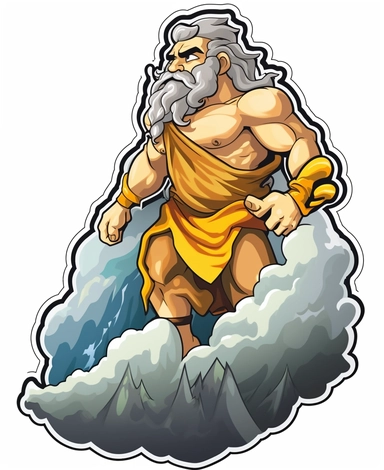 Sticker Clip Art of Zeus standing on Mount Olympus, children friendly, King of the Gods, clouds and lightning behind him, King of Mount Olymp, illustrated in a playful style with a friendly expression, perfect for any special occasion, cut out in the shape of Zeus on a Mountain, Muscular, with no visible background, giving it the appearance of a sticker, conveying a mystical and whimsical mood, edited with Adobe Photoshop to adjust brightness and contrast, rendered as a transparent PNG file with