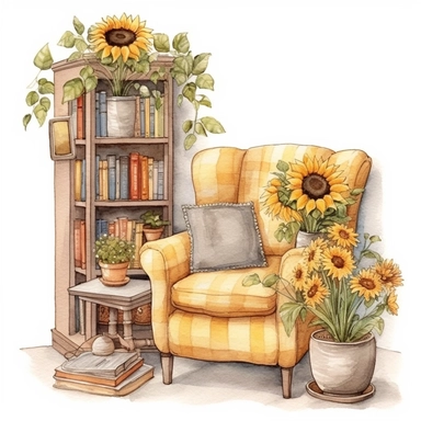 Watercolor style, a cozy armchair, sunflowers, plant, flower, cozy, window, bookshelf, book, interior, cozy window, white, bookcase, aesthetic, cozy aesthetic, houseplants clipart, yellow and light brown colours, by Marjolein Bastin