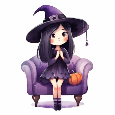 Mona the little witch, a little witch character, sitting on a cozy chair, engrossed in a witch's grimoire, the witch has a contented expression, watercolor children's book illustration style clipart, simple, cute, full colour, purple witch hat, dark purplish hooded dress, black shoes, dark purplish clothes, long black hair, flat colour,