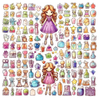 Stickers, Clipart, Full body display, Knolling layout, cute Princess Style themed, accessories neatly placed in equal proportion, larger spacing, lots of Jovely elements, pocket sticker, stationery set, vector stickers, high detail, charater sheet, Planner Stickers, Bright Colors, Hand Drawn Artwork, Watercolor Design, single design, 8k, white background