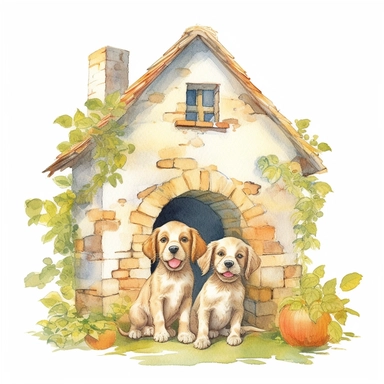 artwork in the style of cicely mary barker, cllipart, whimsical, watercolor illustration of cute and happy little puppies playing in a sunny backyard of a stone house, watercolor clipart, book cover illustration, hyper hd--q2--v5.