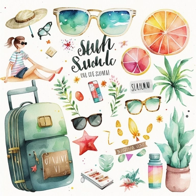 watercolor summer vacation from school clip arts, end of school year clipart, white background, no letters
