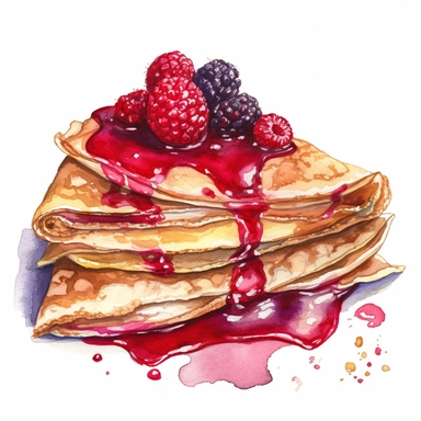 stunning watercolor high details hand drawn clipart of french crepes, raspberry topping, no background
