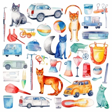 Watercolor clip art on white background,a variety of vet office collection, various sizes, , arranged artistically on a clean white background, focus on intricate details and displaying unique patterns and colors, soft shadows cast on the background, high-resolution image with vibrant and true-to-life colors, perfect for print or digital use