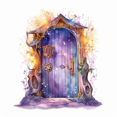 cartoon fairy door, glowing lights and sparkles, purple gold and blue, glamorous realistic and detailed, watercolor, white background with margins, clipart style
