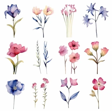 Watercolor La Fleur - Modern Botanicals, Various expressions and emotions, clipart, isolated on white background