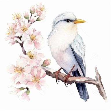 Bali Myna sits on a sakura branch on a white background, illustration in watercolor style, drawing done in professional glazing technique, expressive details, realistic drawing technique, saturated colors, harmony with nature, pronounced contours, clipart, a masterpiece, white background