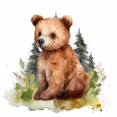 clipart, watercolor woodlands bear cub