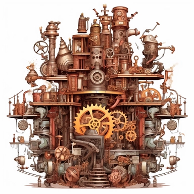 Clipart. White background: In a bustling workshop adorned with shelves of magical artifacts and complex machinery, a collection of whimsical steampunk contraptions takes center stage. Gears, cogs, and valves intertwine with enchanting symbols, infusing the mechanical devices with the power of magic. The foreground showcases the intricate details and fantastical designs of the contraptions, each one uniquely crafted and powered by the whimsical fusion of magic and steampunk aesthetics. The backgr
