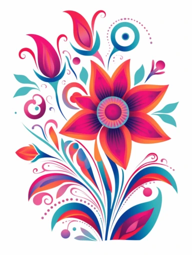 clipart, decorative flower, one per page, flat color clipart, bright hot pink primary colors, isolated on white background,