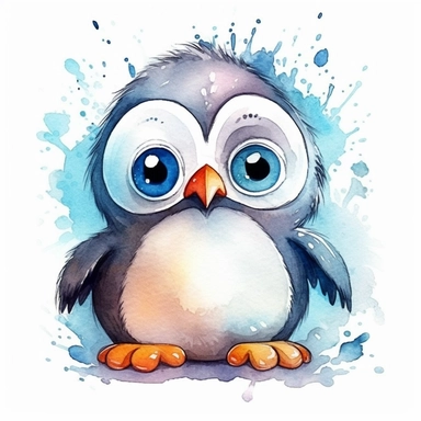 an happy and cute, with big friendly eyes, single fluffy penguin cartoon, clipart, watercolor. The image should have a modern and elegant design style, illustration for kid's book like, watercolor painting combining organic shapes and fluid lines, but with exaggerated and comical features that emphasize the penguin's size and strength. Incorporate an arctic feel with the penguin sitting on a ice floe and showcase the penguin's natural habitat. hand-Drawn elements capture the details. Use vibrant