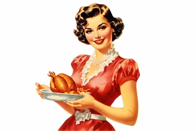 1950s Pin up girl with turkey, thanksgiving watercolor clipart