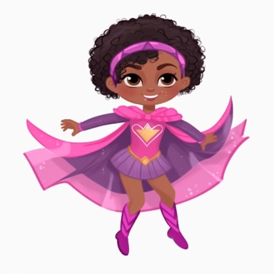 a happy little toddler black GIRL superhero, in action, in pink and purple, flowing cape, with bun hairstyle, smiling, flat style clipart, white background