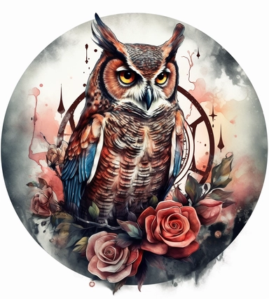 DESIGN A MAGNIFICENT AND EXQUISITE BREATHTAKING ONE-OF-A-KIND HIGH QUALITY HIGHLY DETAILED MASTERPIECE WATERCOLOR CLIPART ILLUSTRATION OF an image of an owl in a circle with roses, in the style of stained glass effect, cybermysticsteampunk, tony diterlizzi, characterized animals, gentle lyricism, fawncore, cabincore, WHITE BACKGROUND