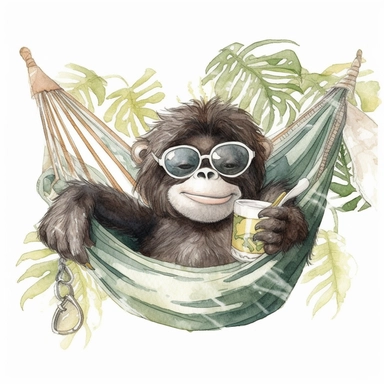 Ape baby with sunglasses taking a nap in a hammock, clipart, watercolor, anime
