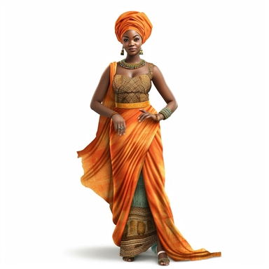 Hyperrealistic beautiful full figure ethnic dressed african beauty lady, ethnic african dress, perfect eyes,perfect face,perfect mouth and teeth,full body,cute and colorful,full body, clipart, hd, white background