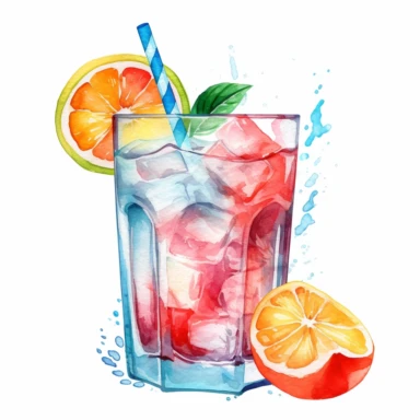 clipart watercolor pastel neon colors - summer cool drink with ice cubes in it and cutted citrus fruits on top - hard contrast - high details - enough space between each item