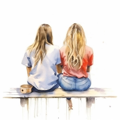 2 beautiful best friend girls sitting together back view illustration clipart, high detailed, white background, illustration painting, digital art, 8k, hd, watercolor
