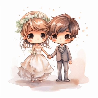 full body Little bride and groom, fantasy Watercolor Clipart, strybk, full Illustration, 4k, sharp focus, watercolor, smooth soft skin, symmetrical, soft lighting, detailed face, concept art, muted colors, watercolor style, strybk, children's style fairy tales, chibi kawaii, . Octane rendering, 3d. Perfect face, detailed face, delicate face, perfect sharp lips, detailed eyes. Craig Davison, Aubrey Beardsley, Conrad Roset, Aikut Aidogdu, Agnes Cecil, watercolor style