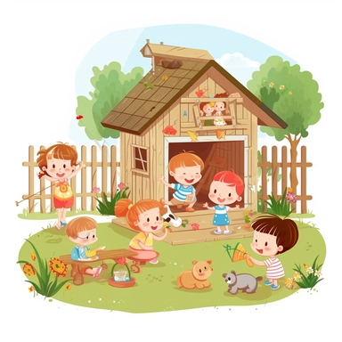 cute babies playing at the summer house, family in background, summer time, no watermark, white background, clipart