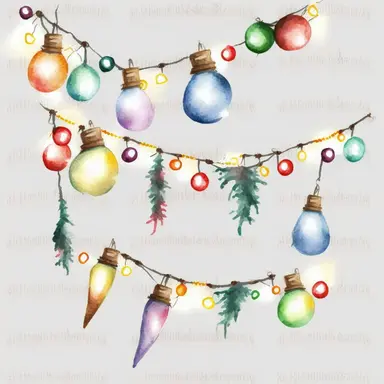 christmas lights garland, clipart, watercolor, white background