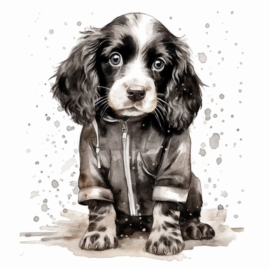 cute watercolor black and white spaniel puppy illustration, clipart, high detail wearing a fluffy raincoat with rain and puddles. high detail hd 8k, watercolor background,