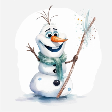 watercolor Olaf from Frozen, snowman, stick arms, snowglakes, clipart, white background, by Walt Disney, by pixar