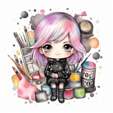 Watercolor funny create kawaii marbled black, silver, pink chibi with school supplies clipart, isolated