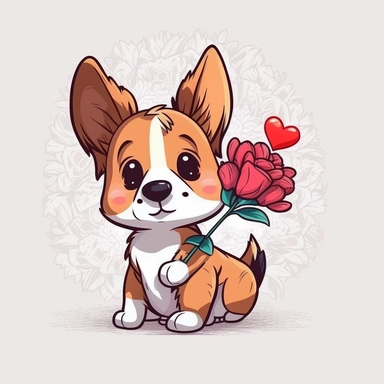 mascot flat color cartoon Cute little dog with flower. Happy Valentine's day clipart. cartoon, vector, illustration. white background