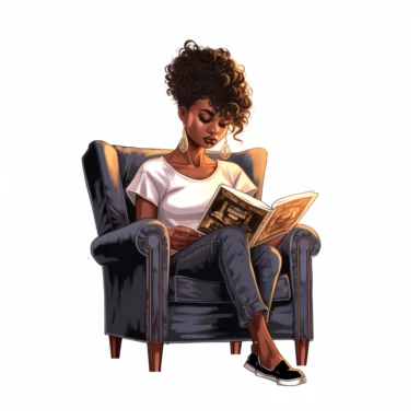 Melanin girl PNG | Black Girl Clipart, Black Woman Illustration, African American Fashion Digital Print, Self Love Clipart, pixie cut hairstyle, sitting in chair reading a book